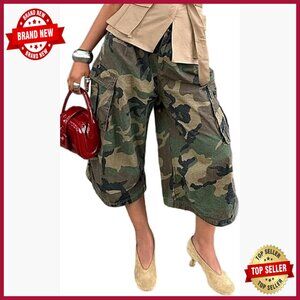 Women's Camo Cargo Pants High Waist Wide Leg Cropped Polyester Blend